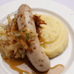 Teaser Image: Bratwurst mit Sauerkraut und Kartoffelpüree