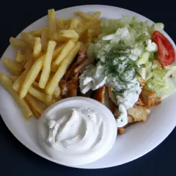 Teaser Image: Hähnchen-Gyros mit Pommes Frites, Krautsalat und Tzaziki