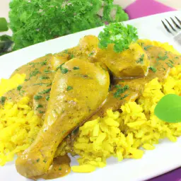 Teaser Image: Hähnchenstreifen India mit Blattspinat in Curry-Kokos Milch auf Duftreis